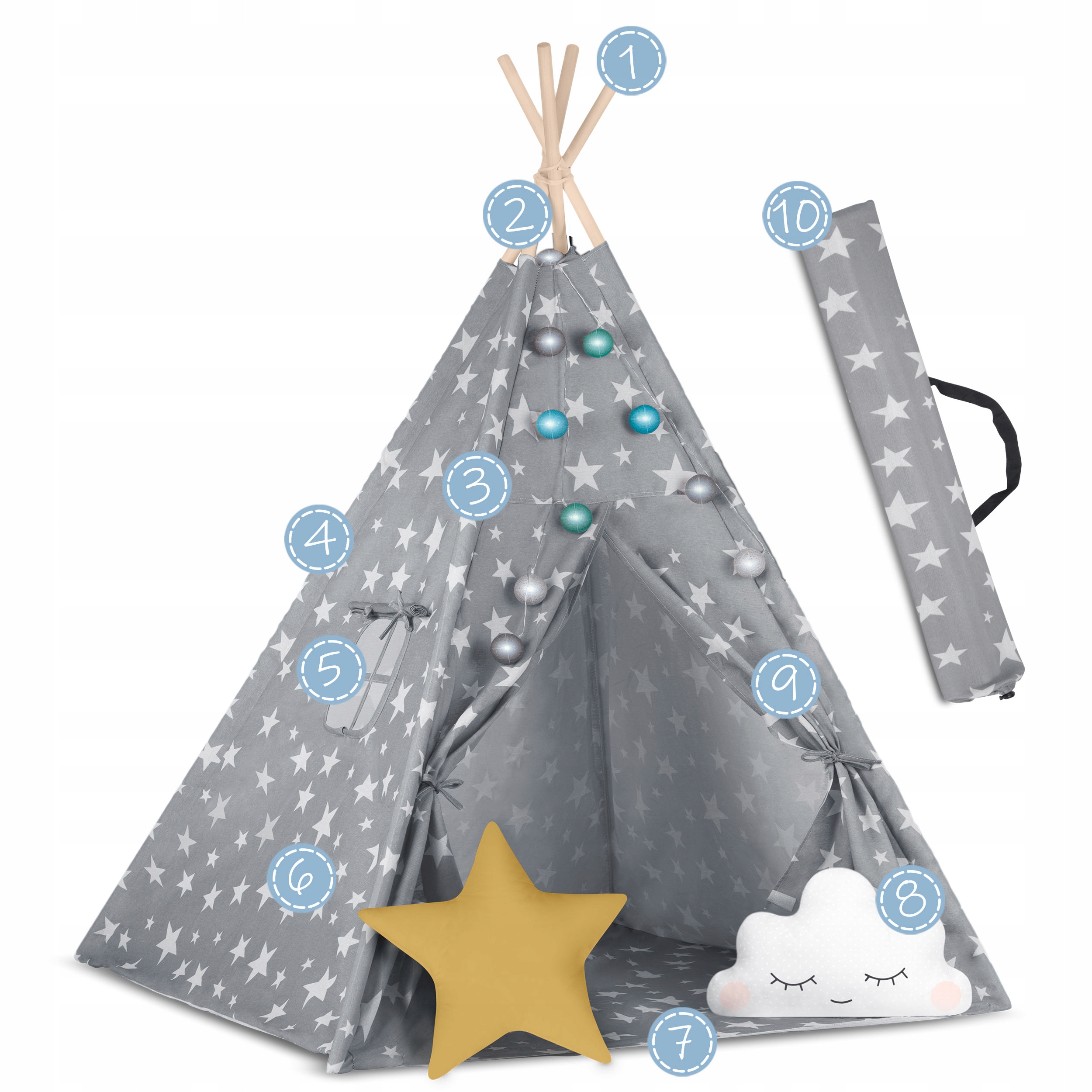 TIPI šotor za otroke, TEEPEE, blazine, svetilke, prevleka, Nukido Tip iglu, wigwam