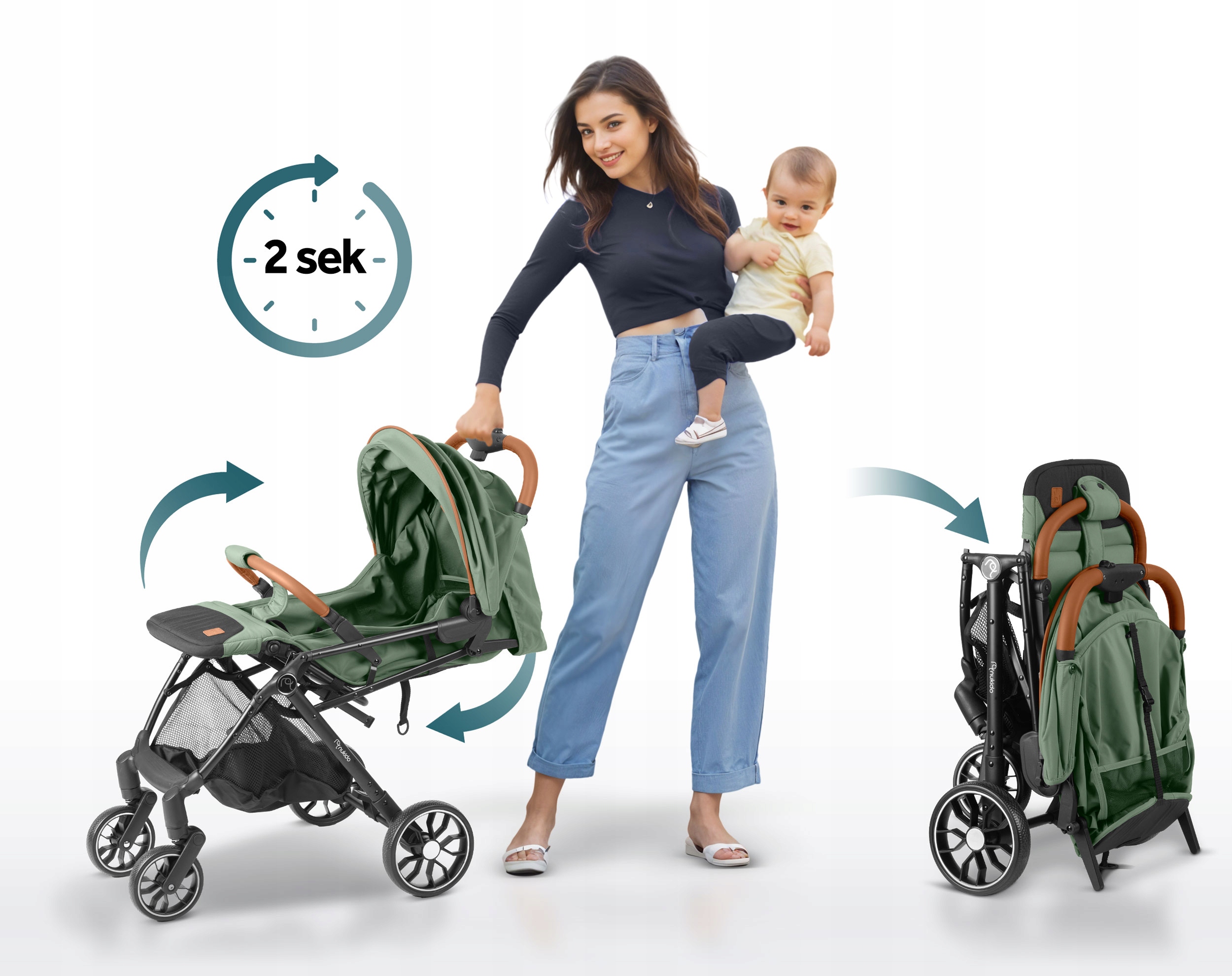 Zložljiv voziček, lahek, voziček, velika kolesa, Nukido, Barva: črna, Odtenki rjave in bež, Odtenki zelene