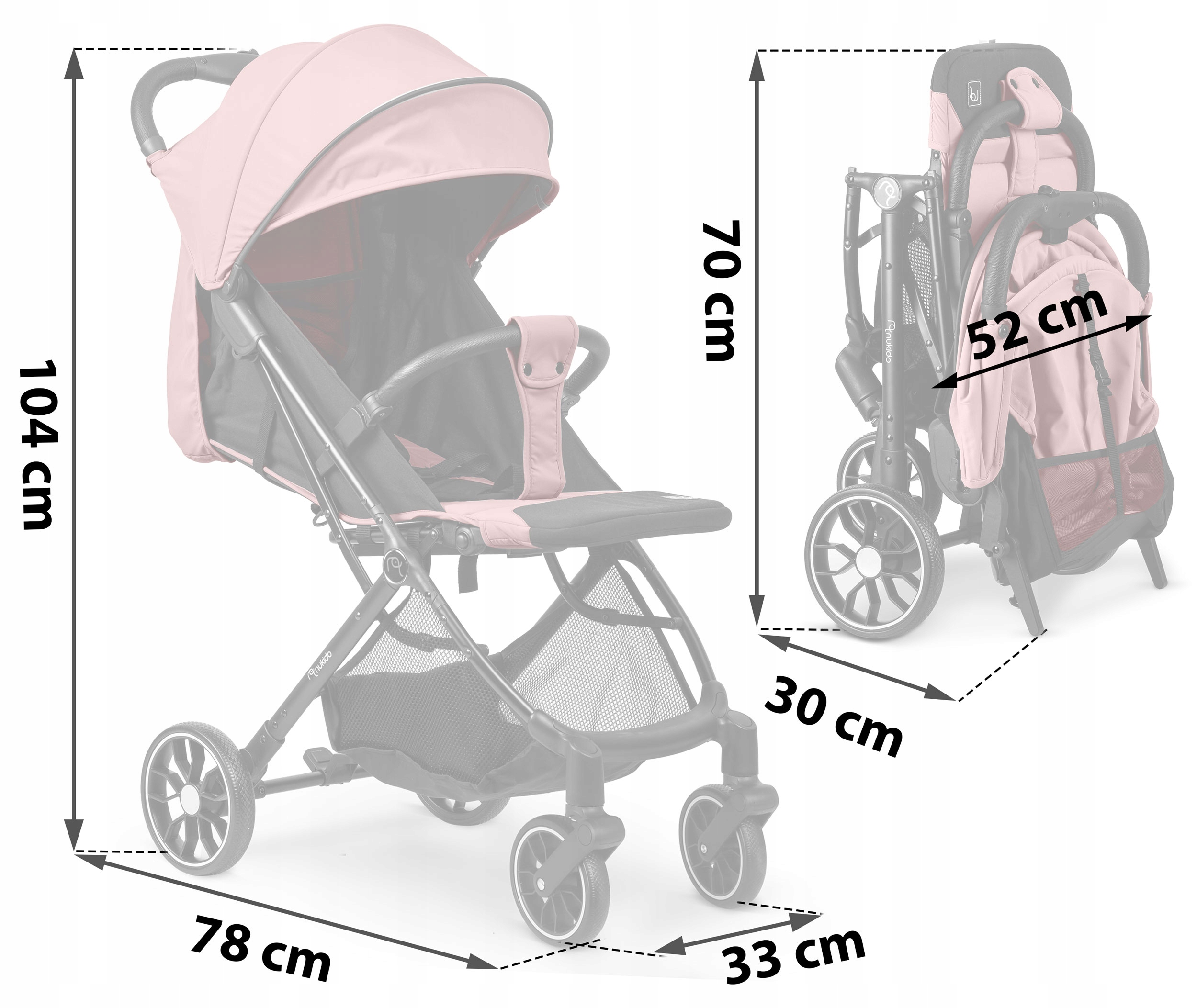 Zložljiv voziček, lahek, voziček, velika kolesa, Nukido Širina izdelka po zlaganju: 52 cm