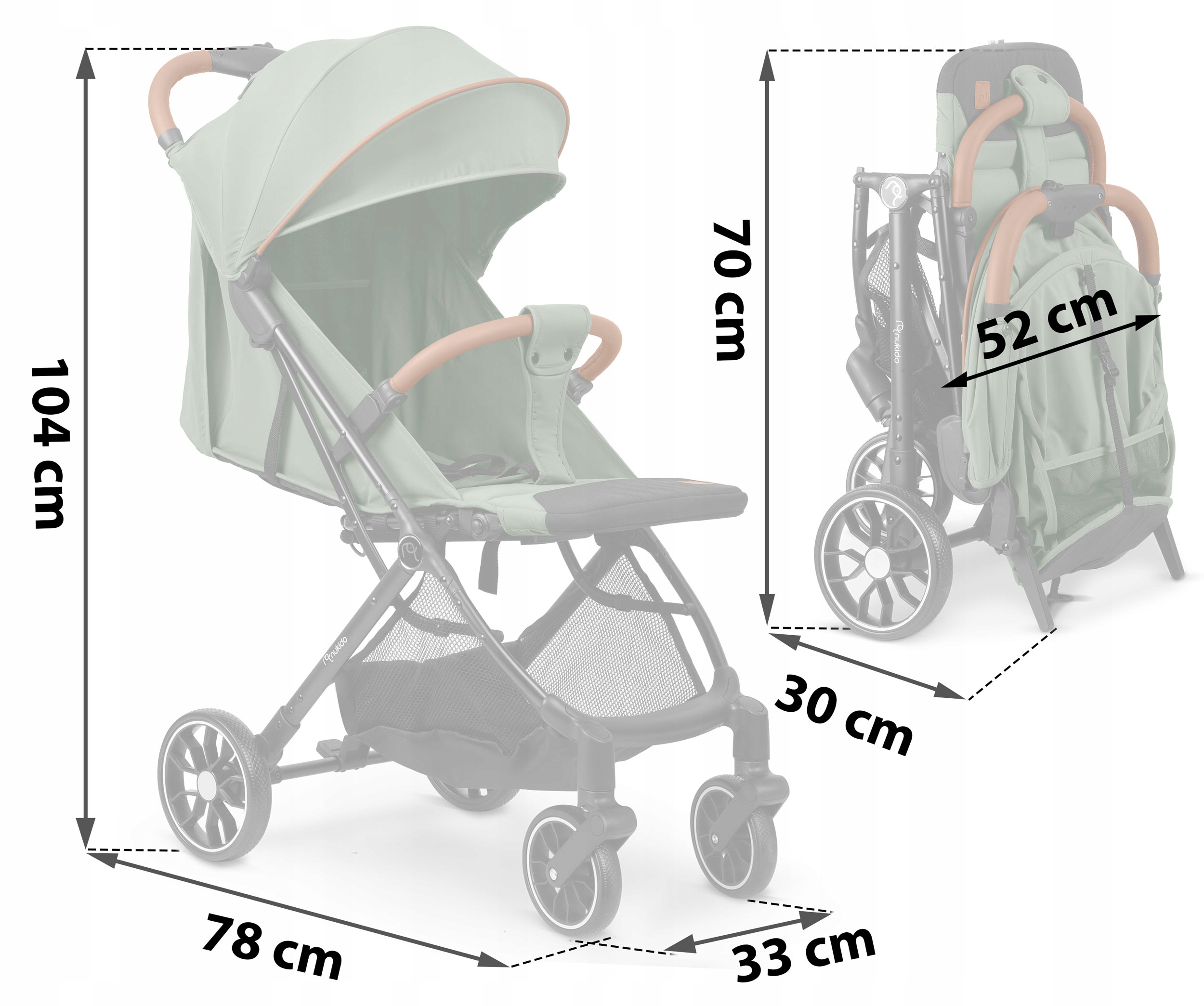 Zložljiv voziček, lahek, voziček, velika kolesa, Nukido Višina izdelka v zloženem stanju: 70 cm