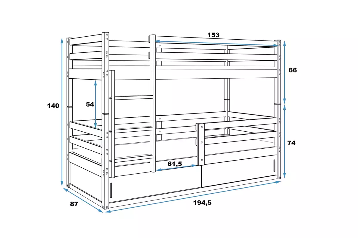 Wymiary i specyfikacja dla Łóżko młodzieżowe piętrowe BINGO 80X190 z materacem i schowkiem, grafitowe