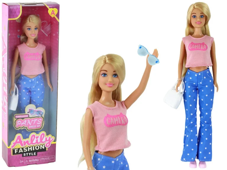 Anlily Lutka Duga Plava Kosa Torbica Naočale Ružičasta Bluza 1