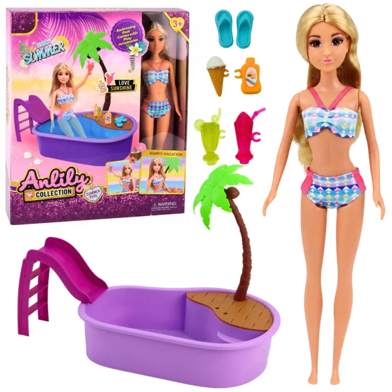 Anlily Lutka U Bazenu S Toboganom I Priborom Za Plažu S Palmom 1