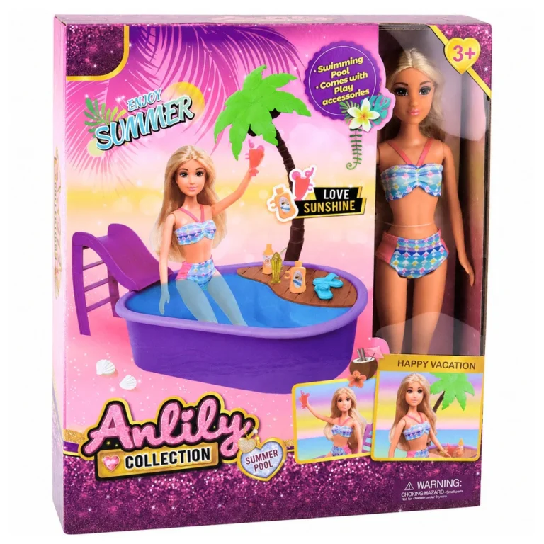 Anlily Lutka U Bazenu S Toboganom I Priborom Za Plažu S Palmom 5