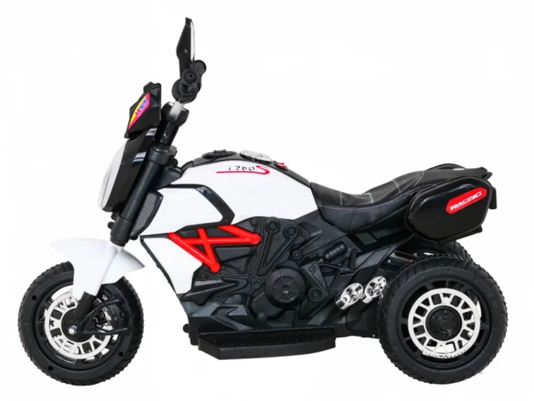 Brzi Turistički Motocikl Na Baterije Za Djecu, Bijeli + Audio + Svjetla + Eko Koža, Bijela Motor Na Akumulator 4