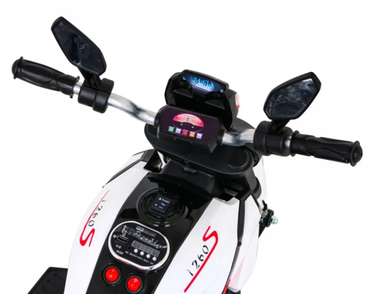 Brzi Turistički Motocikl Na Baterije Za Djecu, Bijeli + Audio + Svjetla + Eko Koža, Bijela Motor Na Akumulator 9