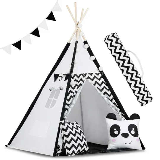 Dječji Teepee šator S Girlandom I Svjetlima Crno Bijeli S Pandom 1