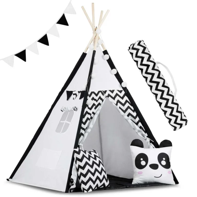 Dječji Teepee šator S Girlandom I Svjetlima Crno Bijeli S Pandom 1