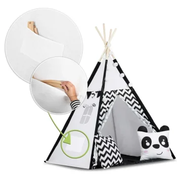Dječji Teepee šator S Girlandom I Svjetlima Crno Bijeli S Pandom 12