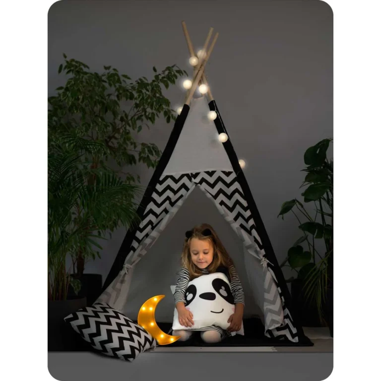Dječji Teepee šator S Girlandom I Svjetlima Crno Bijeli S Pandom 14