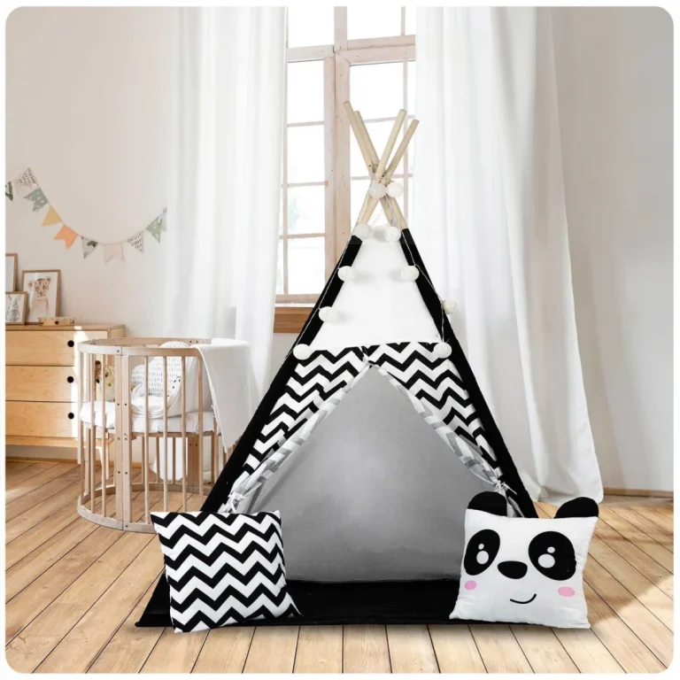 Dječji Teepee šator S Girlandom I Svjetlima Crno Bijeli S Pandom 15