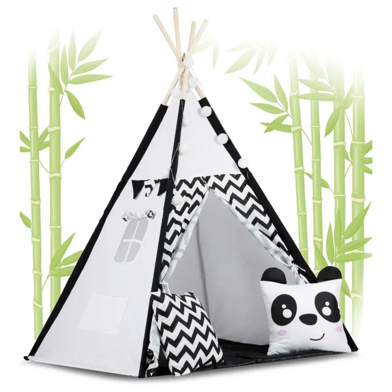 Dječji Teepee šator S Girlandom I Svjetlima Crno Bijeli S Pandom 2
