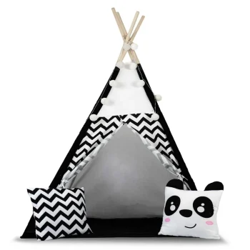 Dječji Teepee šator S Girlandom I Svjetlima Crno Bijeli S Pandom 3