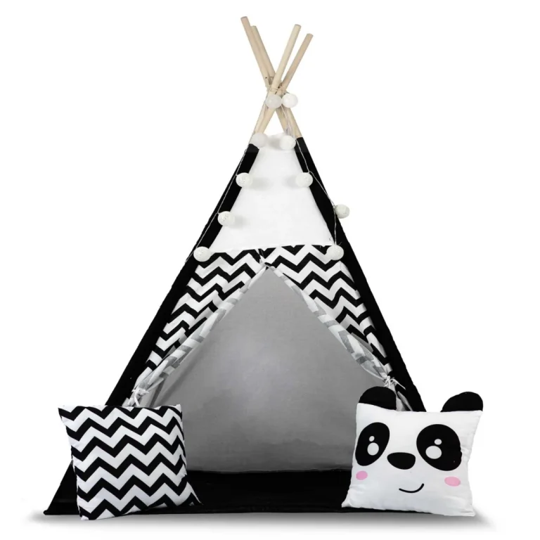 Dječji Teepee šator S Girlandom I Svjetlima Crno Bijeli S Pandom 3