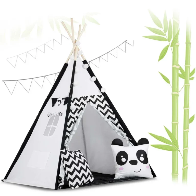 Dječji Teepee šator S Girlandom I Svjetlima Crno Bijeli S Pandom 4