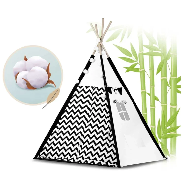 Dječji Teepee šator S Girlandom I Svjetlima Crno Bijeli S Pandom 5