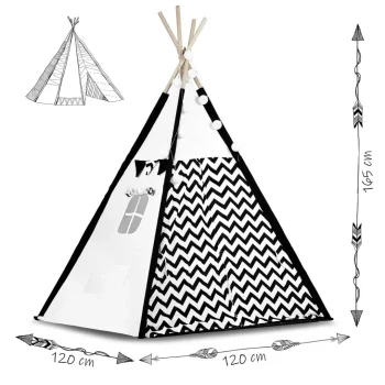 Dječji Teepee šator S Girlandom I Svjetlima Crno Bijeli S Pandom 7