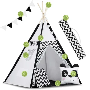 Dječji Teepee šator S Girlandom I Svjetlima Crno Bijeli S Pandom 8