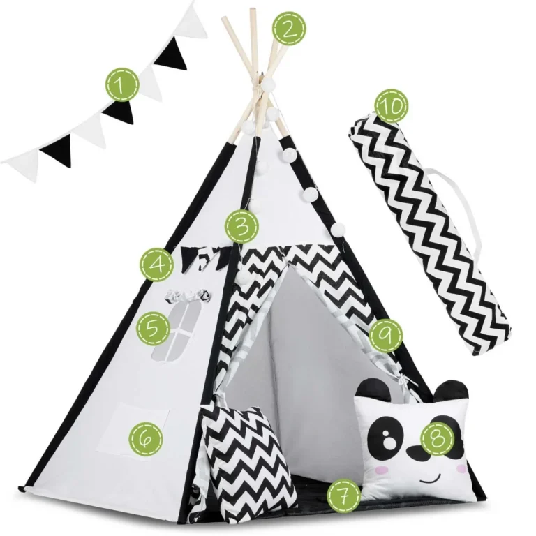 Dječji Teepee šator S Girlandom I Svjetlima Crno Bijeli S Pandom 8