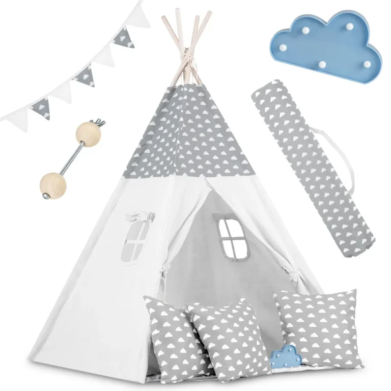 Dječji Teepee šator S Girlandom I Svjetlima Svijetlo Sivi S Oblacima 1