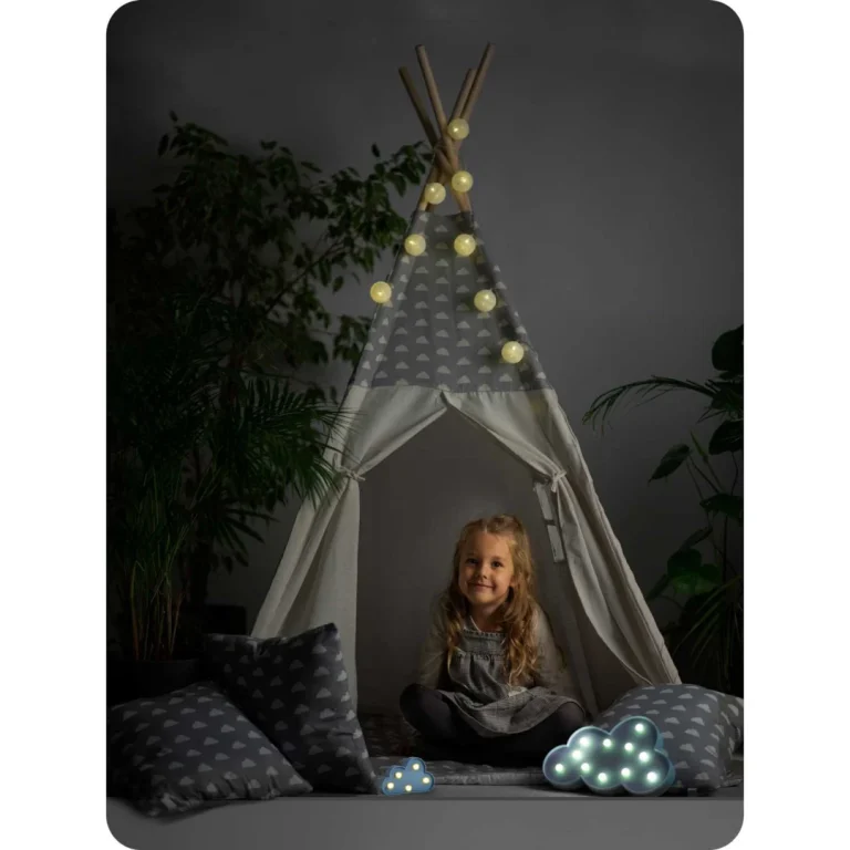 Dječji Teepee šator S Girlandom I Svjetlima Svijetlo Sivi S Oblacima 13