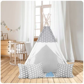 Dječji Teepee šator S Girlandom I Svjetlima Svijetlo Sivi S Oblacima 14
