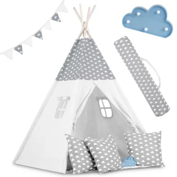 Dječji Teepee šator S Girlandom I Svjetlima Svijetlo Sivi S Oblacima 16