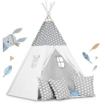 Dječji Teepee šator S Girlandom I Svjetlima Svijetlo Sivi S Oblacima 2