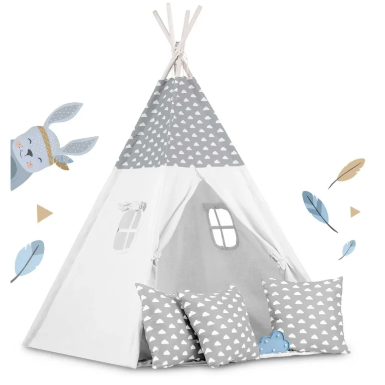 Dječji Teepee šator S Girlandom I Svjetlima Svijetlo Sivi S Oblacima 2