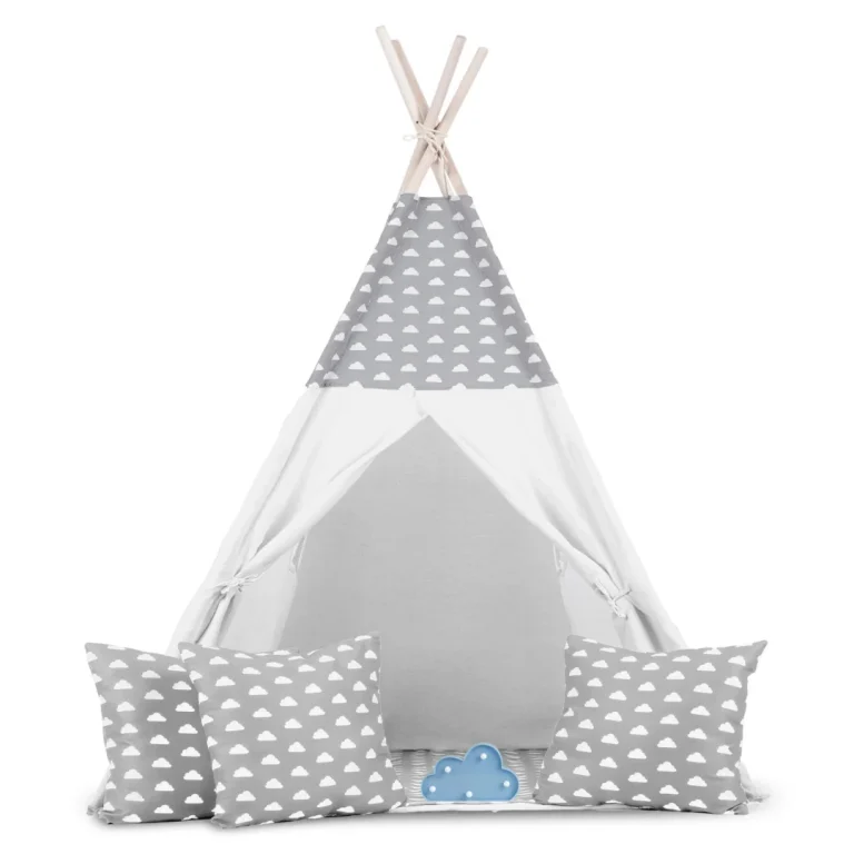 Dječji Teepee šator S Girlandom I Svjetlima Svijetlo Sivi S Oblacima 3
