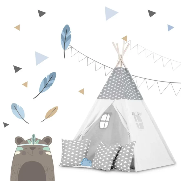 Dječji Teepee šator S Girlandom I Svjetlima Svijetlo Sivi S Oblacima 4