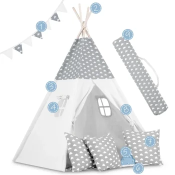 Dječji Teepee šator S Girlandom I Svjetlima Svijetlo Sivi S Oblacima 5