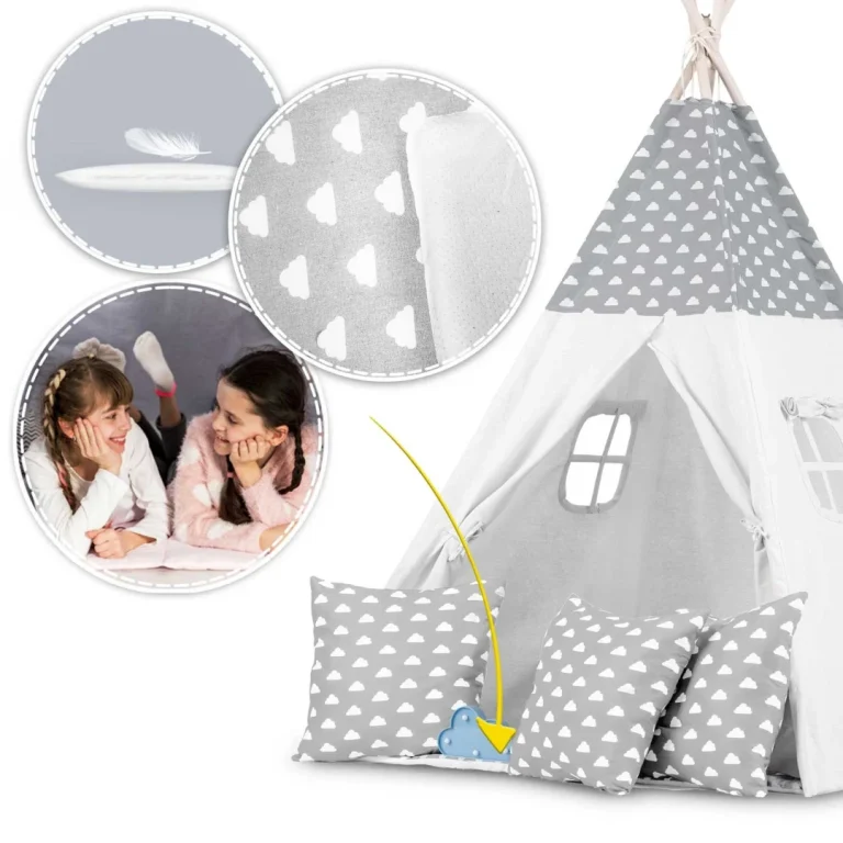 Dječji Teepee šator S Girlandom I Svjetlima Svijetlo Sivi S Oblacima 9