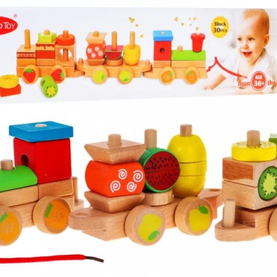 Drvena Lokomotiva S Razvrstivačima Za Djecu 3+ Senzorna Igračka + 27 Kockica 1