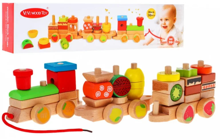 Drvena Lokomotiva S Razvrstivačima Za Djecu 3+ Senzorna Igračka + 27 Kockica 1