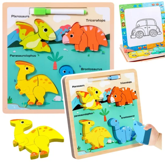 Drvena Ploča Za Slaganje 2 U 1 S Dinosaurima, Edukativni Marker 1