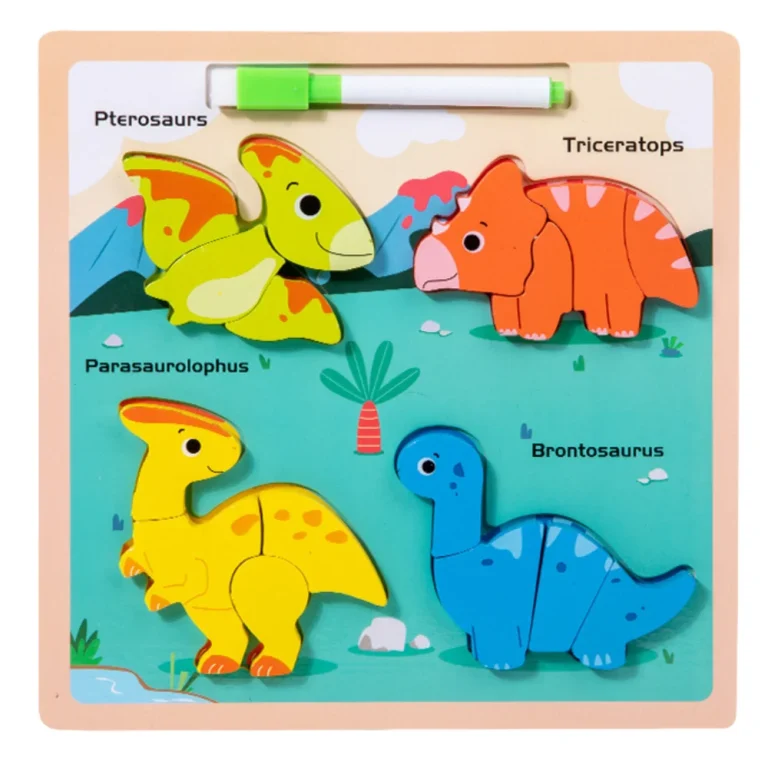 Drvena Ploča Za Slaganje 2 U 1 S Dinosaurima, Edukativni Marker 2