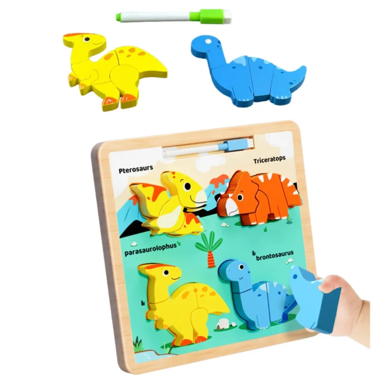 Drvena Ploča Za Slaganje 2 U 1 S Dinosaurima, Edukativni Marker 4