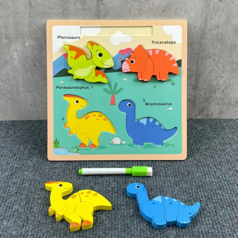 Drvena Ploča Za Slaganje 2 U 1 S Dinosaurima, Edukativni Marker 5