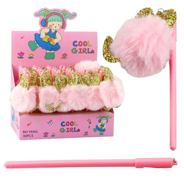 Gel Olovka S Ružičastim Pompon čepom I Plavom Tintom 17 Cm 0,5 Mm 1