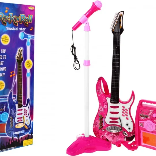 Gitara S Priborom Za Djecu 6+ Ružičasti Set + Pojačalo + Mikrofon 1