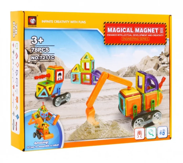 Magnetski Građevinski Set Za Djecu 3+ Od 78 Dijelova + Modul Kotača + Ruka Bagera + Magnetski I 5