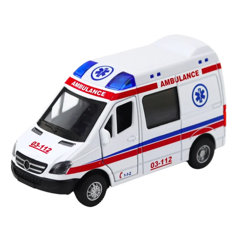 Metalni Automobil Hitne Pomoći 1:32, Pogon Na Povlačenje, Svjetla I Zvukovi, Bijeli 2
