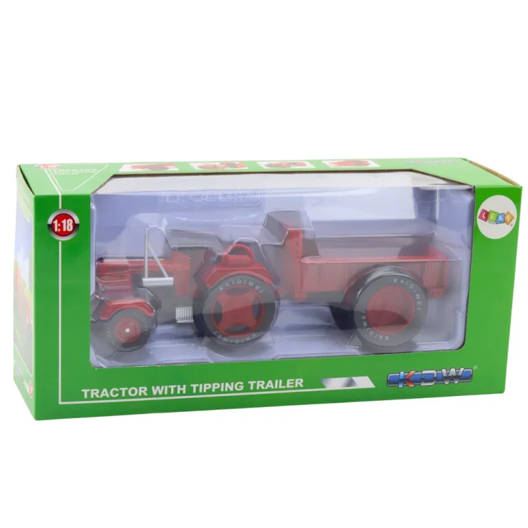 Metalni Poljoprivredni Traktor S Prikolicom Crveni 1:18 2