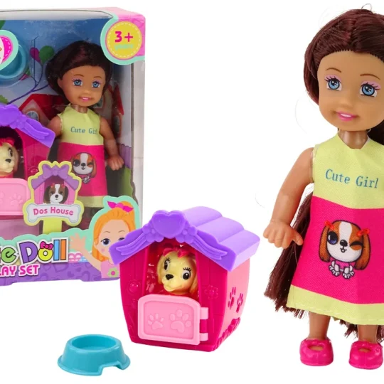 Mini Lutka S Dugom Kosom, šarenom Haljinom I Psom U Kućici 1