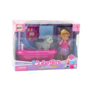 Mini Set Lutke S Kadom, Tušem I Bijelim Psom, Ružičasti 3