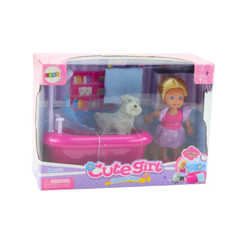 Mini Set Lutke S Kadom, Tušem I Bijelim Psom, Ružičasti 3
