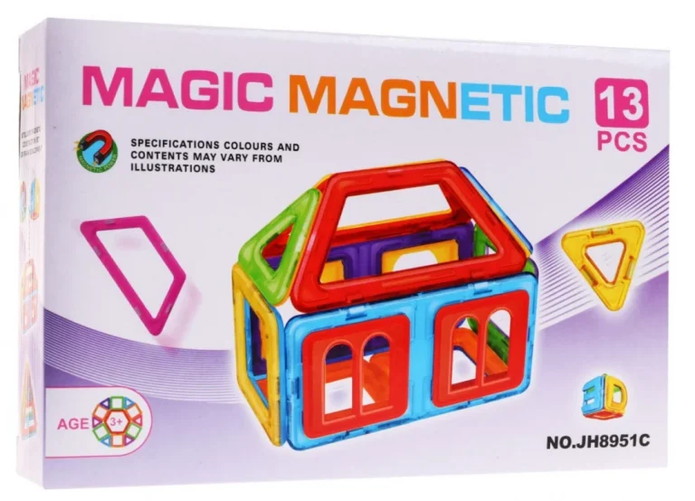 Mini Set Magnetskih Blokova Za Djecu 3+. Šareni Elementi 13 Kom. + šablon Za, Višebojan 3
