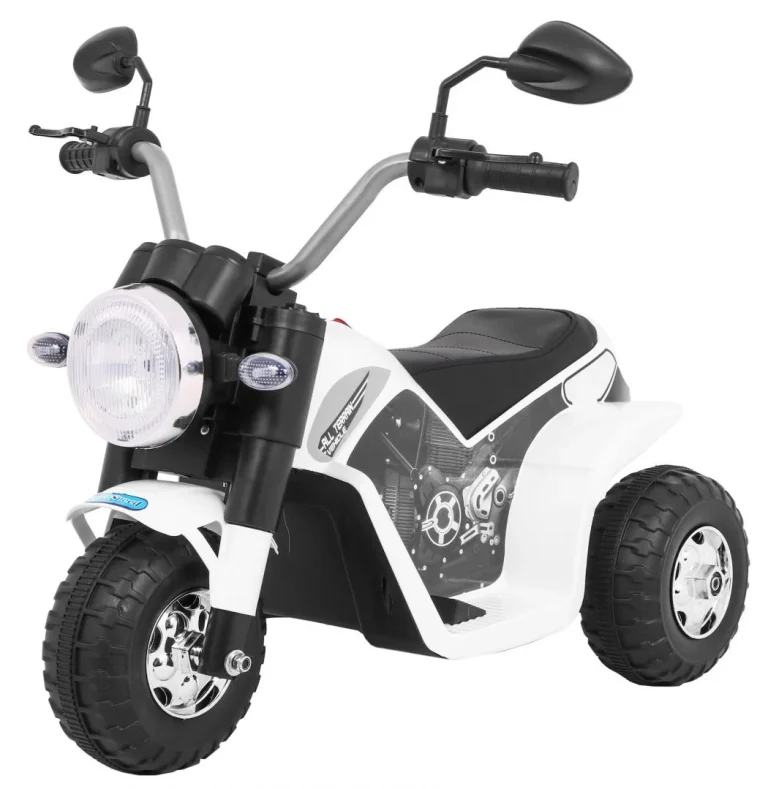 Minibike Baterijski Motor Za Djecu Bijeli + Zvukovi + Led Svjetla + Eko Koža, Bijela Motor Na Akumulator 1