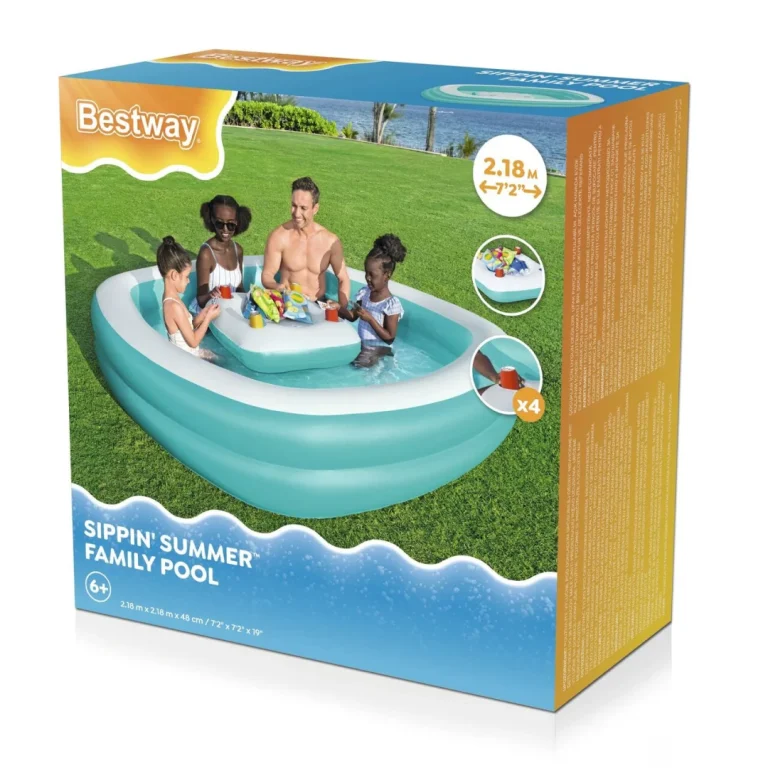 Napuhni Obiteljski Bazen 218x218x48 Bestway + Plutajući Stolni Otok Za Piće 8